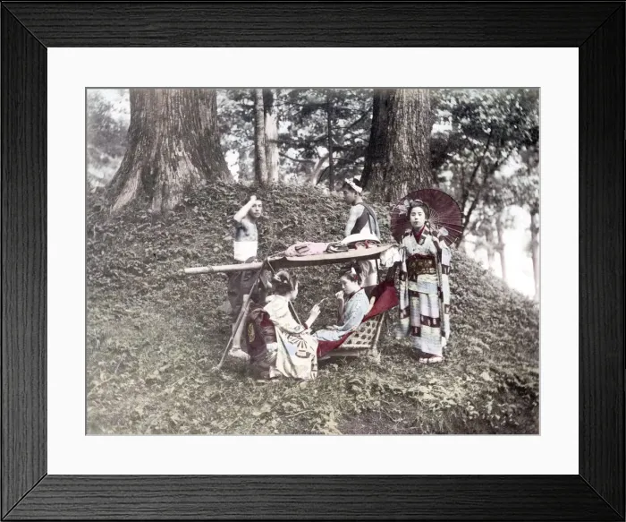 Framed Print : c. 1880s Japan - geishas carrying chair and bearers Framed Print : c. 1880s Japan - geishas carrying chair and bearers