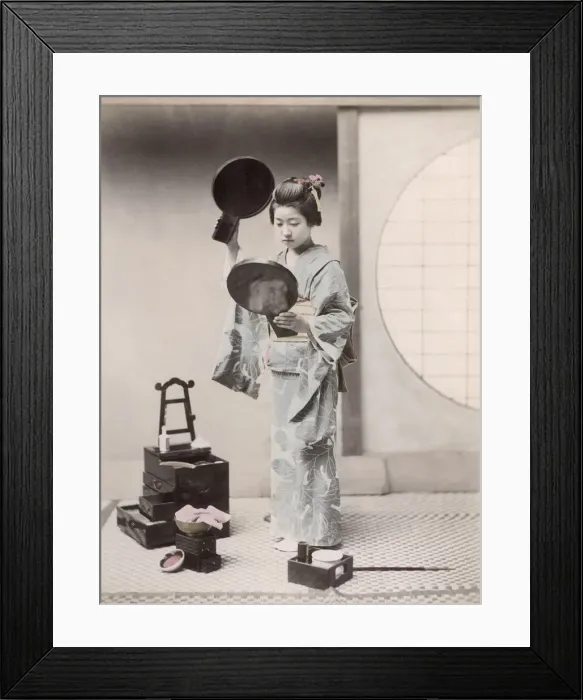 Framed Print : c. 1880s Japan - geisha with two mirrors Framed Print : c. 1880s Japan - geisha with two mirrors