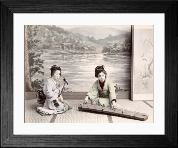 Framed Print : c. 1880s Japan - geishas with musical instrments Framed Print : c. 1880s Japan - geishas with musical instrments