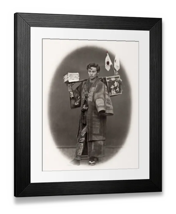 Framed Print : c. 1880s Japan - newspaper delivery boy vendor Framed Print : c. 1880s Japan - newspaper delivery boy vendor