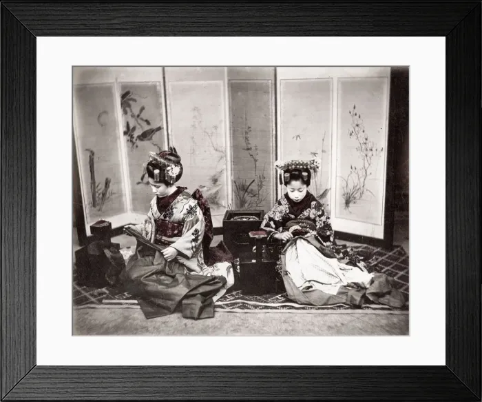 Framed Print : c. 1880s Japan - geishas with sewing clothes Framed Print : c. 1880s Japan - geishas with sewing clothes