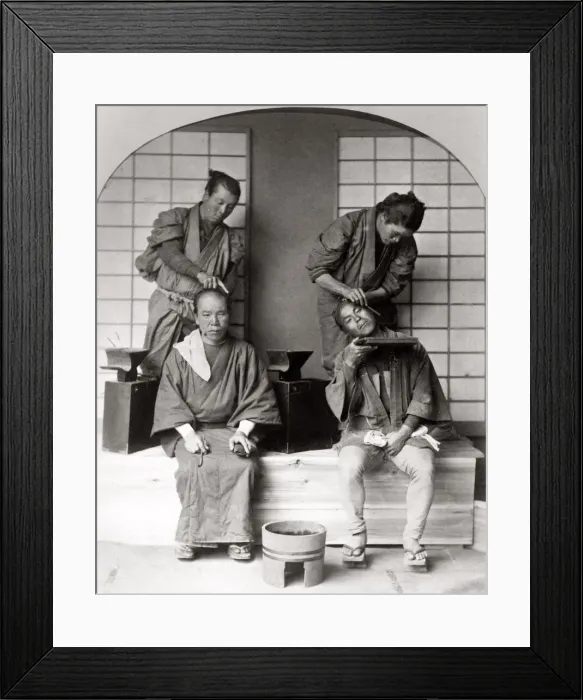 Framed Print : c. 1880s Japan - barbers at work Framed Print : c. 1880s Japan - barbers at work