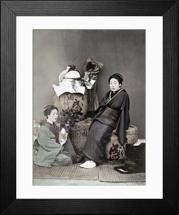 Framed Print : c. 1880s Japan - two geishas with baskets and flowers Framed Print : c. 1880s Japan - two geishas with baskets and flowers