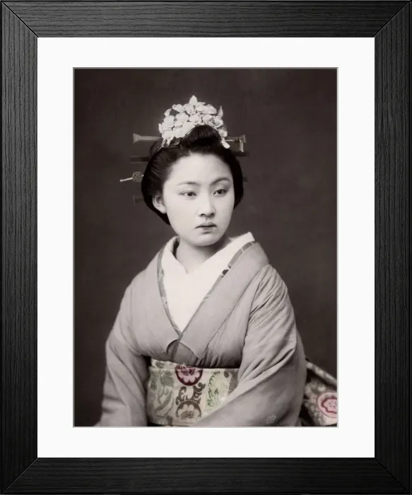 Framed Print : c. 1880s Japan - geisha with flowers in her hair Framed Print : c. 1880s Japan - geisha with flowers in her hair