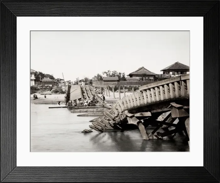 Framed Print : 19th century vintage photograph: earthquake damage in Japan c. 1890, collapsed bridge Framed Print : 19th century vintage photograph: earthquake damage in Japan c. 1890, collapsed bridge