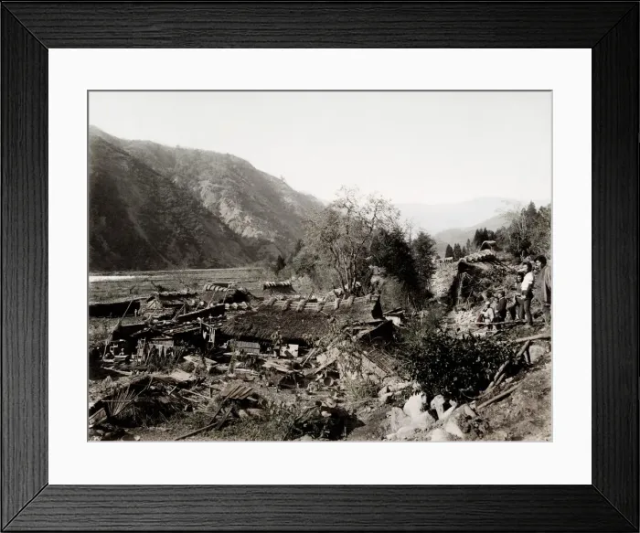 Framed Print : Earthquake damage in Japan c. 1890, collapsed houses Framed Print : Earthquake damage in Japan c. 1890, collapsed houses