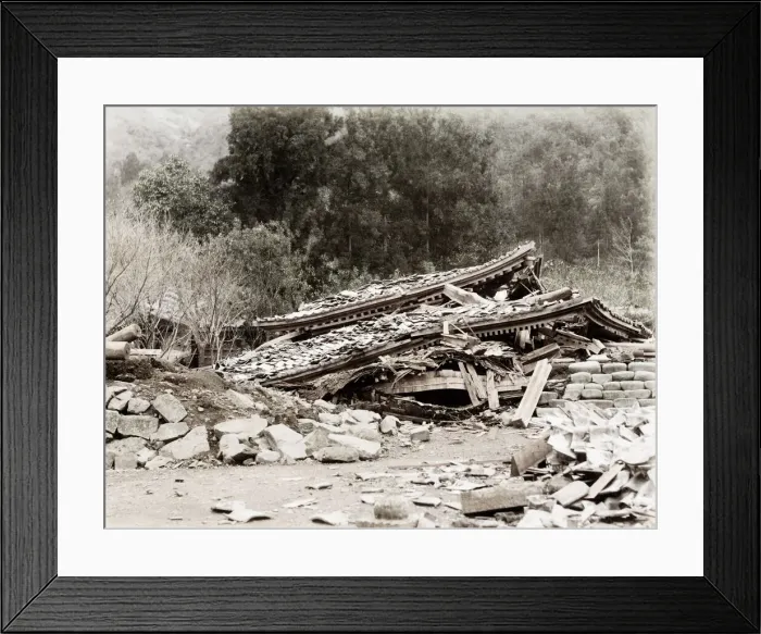 Framed Print : Earthquake damage in Japan c. 1890, collapsed houses Framed Print : Earthquake damage in Japan c. 1890, collapsed houses