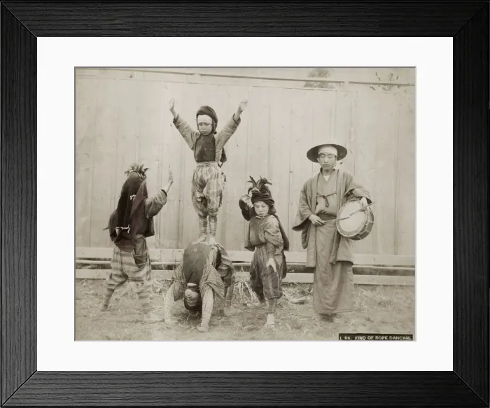 Framed Print : Street acrobats, tumblers, with musician, Japan Framed Print : Street acrobats, tumblers, with musician, Japan