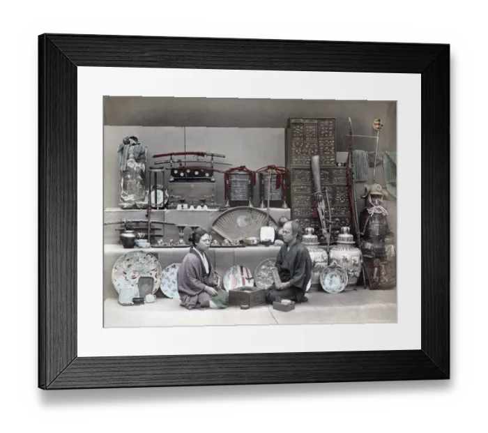 Framed Print : Curio shop, armour, porcelain, Japan, c. 1880 s Framed Print : Curio shop, armour, porcelain, Japan, c. 1880 s