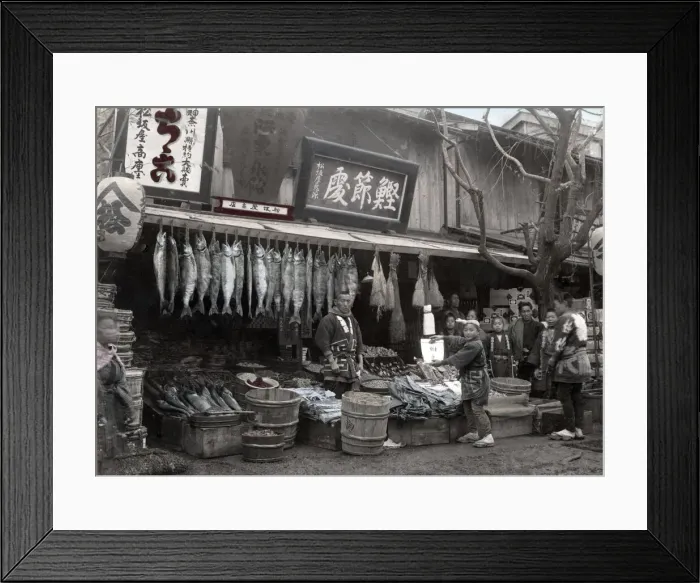 Framed Print : Fish stall, Japan, c. 1880 Vintage late 19th century photograph Framed Print : Fish stall, Japan, c. 1880 Vintage late 19th century photograph