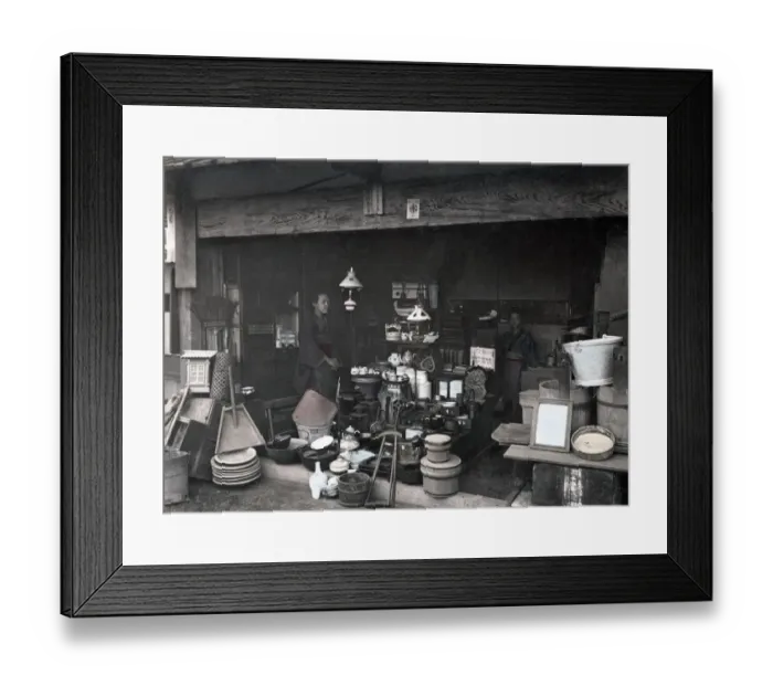 Framed Print : Homeware store, Japan, c. 1880s Vintage late 19th century photograph Framed Print : Homeware store, Japan, c. 1880s Vintage late 19th century photograph