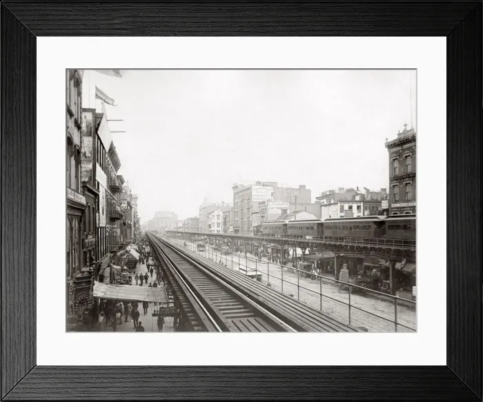 Framed Print : El Train railroad New York, c. 1900 View in the Bowery, north of Houston Street Framed Print : El Train railroad New York, c. 1900 View in the Bowery, north of Houston Street