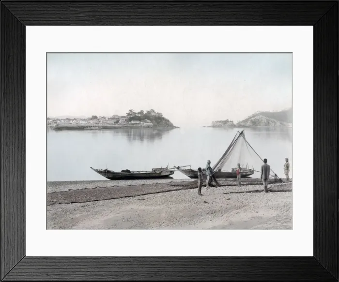 Framed Print : Fisherman and boat, inland sea, Bingo, Japan, c. 1890 Vintage late 19th century photograph Framed Print : Fisherman and boat, inland sea, Bingo, Japan, c. 1890 Vintage late 19th century photograph