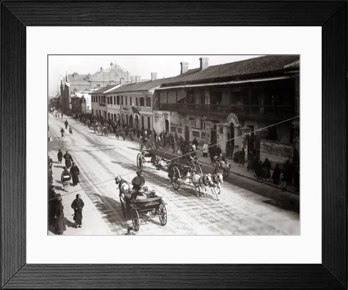 Framed Print : Firemen and horse-drawn ladder, Shanghai, China c. 1890 Framed Print : Firemen and horse-drawn ladder, Shanghai, China c. 1890