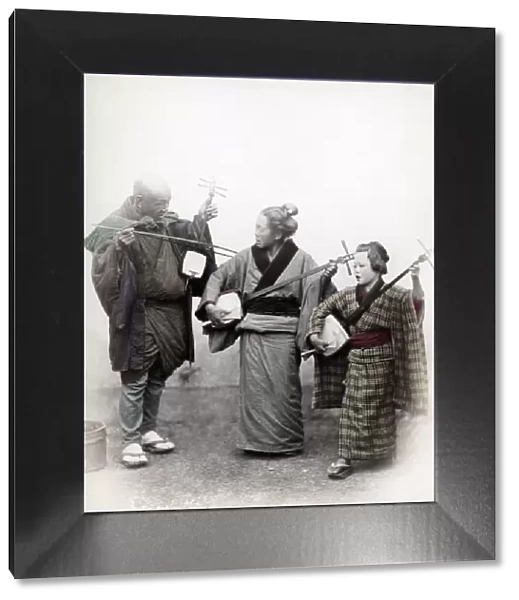 Street musicians, Japan, 1860 s, shamisens Vintage late 19th century photograph