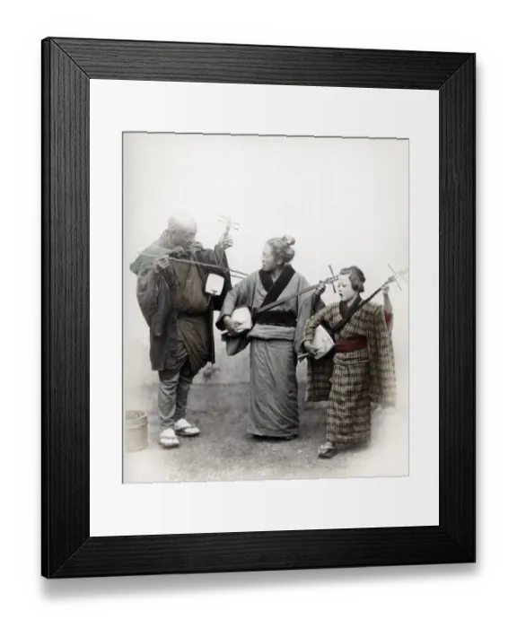 Framed Print : Street musicians, Japan, 1860 s, shamisens Vintage late 19th century photograph Framed Print : Street musicians, Japan, 1860 s, shamisens Vintage late 19th century photograph