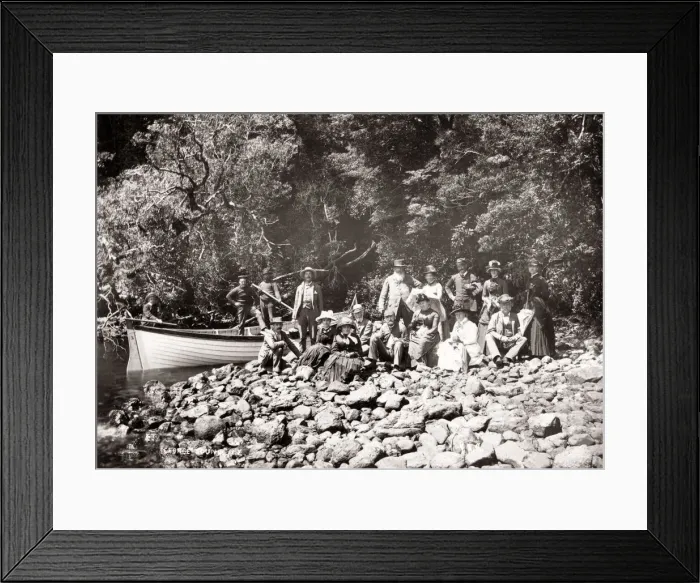 Framed Print : c. 1890 New Zealand - tourist group with boat at George Sound Framed Print : c. 1890 New Zealand - tourist group with boat at George Sound