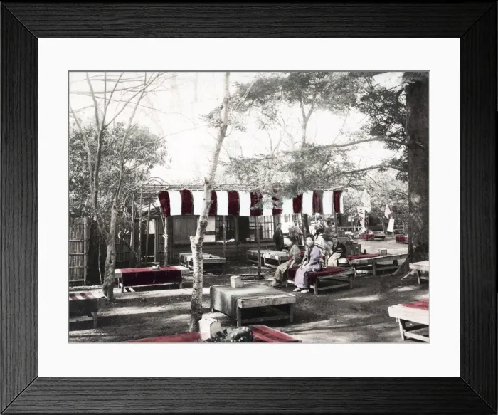 Framed Print : c. 1880s Japan - tea house and benches in a park Framed Print : c. 1880s Japan - tea house and benches in a park