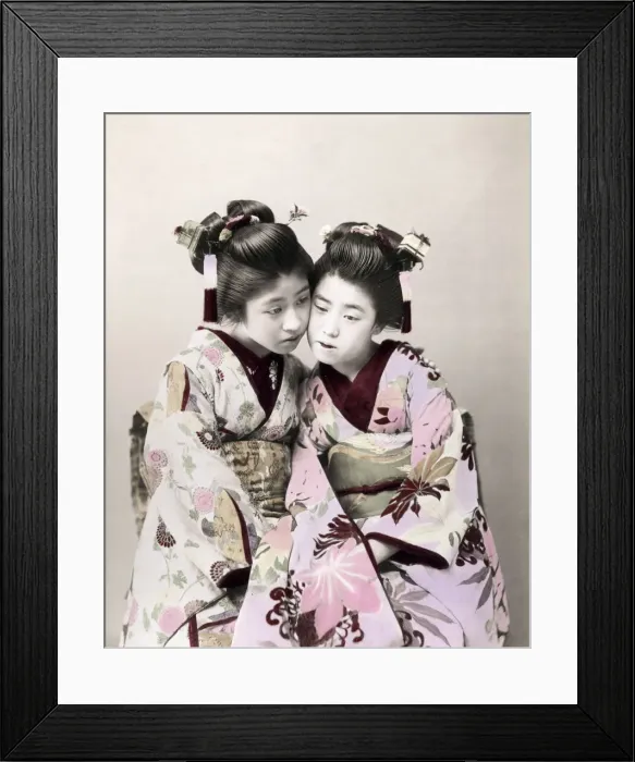 Framed Print : c. 1880s Japan - two geishas cheek to cheek Framed Print : c. 1880s Japan - two geishas cheek to cheek