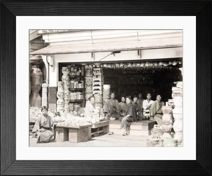 Framed Print : c. 1880s Japan - porcelain shop Framed Print : c. 1880s Japan - porcelain shop