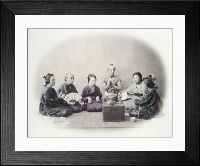 Framed Print : 1860s Japan - portrait of a group including a singer, musician Framed Print : 1860s Japan - portrait of a group including a singer, musician