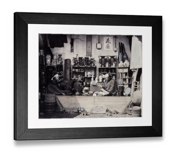 Framed Print : 1860s Japan - portrait of a two people at a curio or souvenir stall Felice or Felix Framed Print : 1860s Japan - portrait of a two people at a curio or souvenir stall Felice or Felix