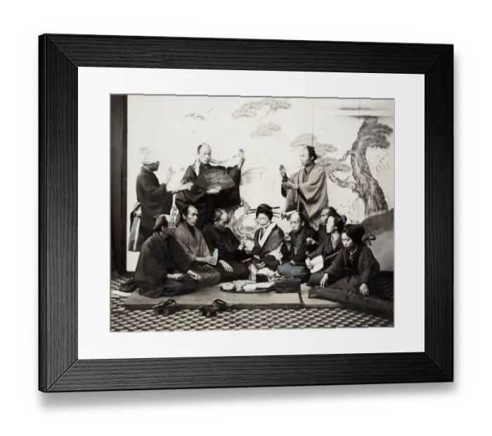 Framed Print : 1860s Japan - portrait of a group of men and women enjoying a social meal with music Framed Print : 1860s Japan - portrait of a group of men and women enjoying a social meal with music