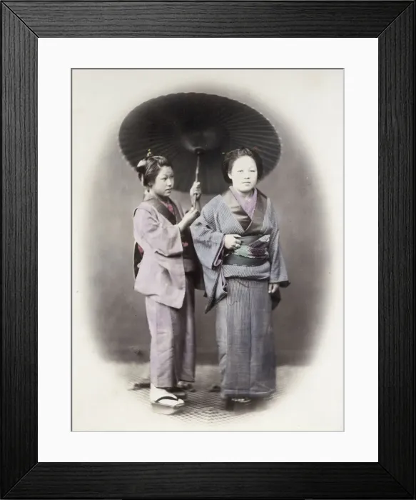 Framed Print : 1860s Japan - portrait of two young women and a parasol umbrella Felice or Felix Beato Framed Print : 1860s Japan - portrait of two young women and a parasol umbrella Felice or Felix Beato