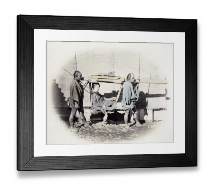 Framed Print : 1860s Japan - portrait of a young woman in a kago with two bearers Felice or Felix Beato Framed Print : 1860s Japan - portrait of a young woman in a kago with two bearers Felice or Felix Beato
