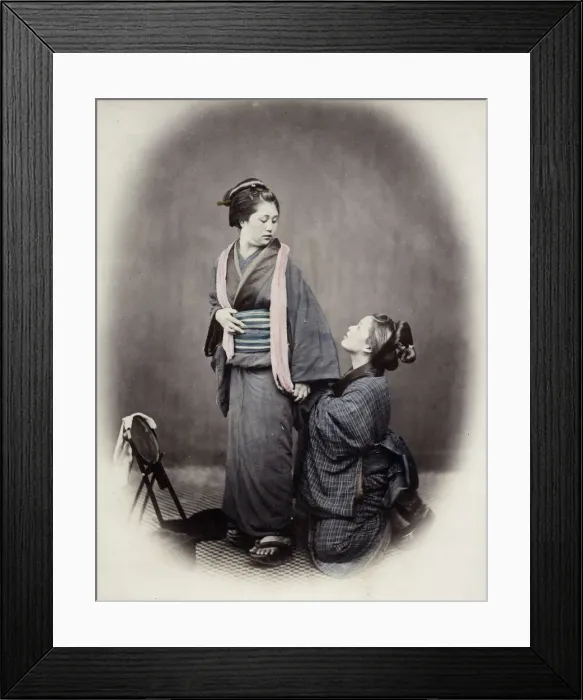Framed Print : 1860s Japan - portrait of a young woman tying her obi sash Felice or Felix Beato