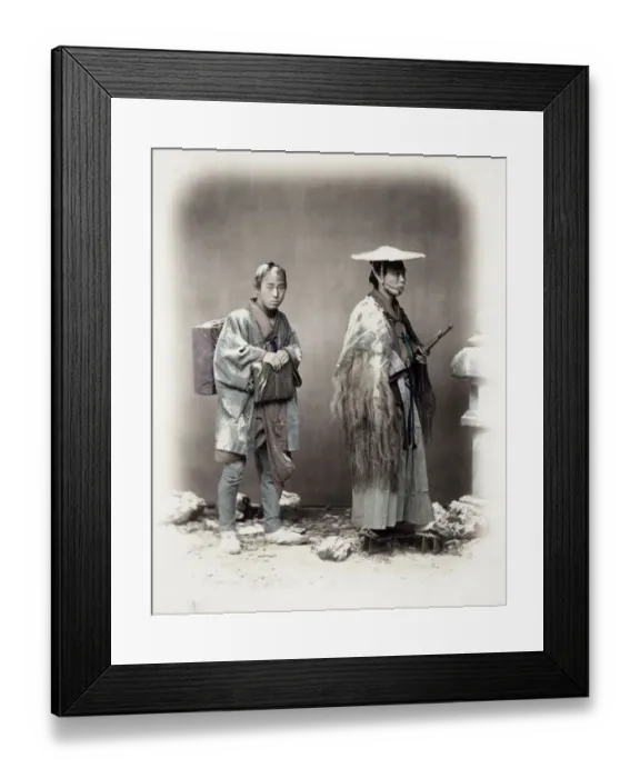 Framed Print : 1860s Japan - portrait of a samurai and his servant travelling in snow Felice or Felix