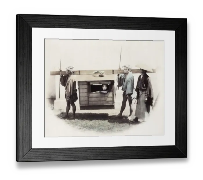 Framed Print : 1860s Japan - portrait of a young woman in a kago with two bearers Felice or Felix Beato Framed Print : 1860s Japan - portrait of a young woman in a kago with two bearers Felice or Felix Beato