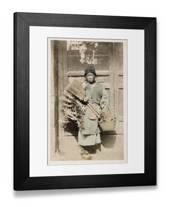 Framed Print : Vintage 19th century photograph: John Thomson carte de visite China: broom seller Framed Print : Vintage 19th century photograph: John Thomson carte de visite China: broom seller