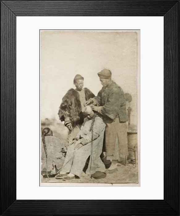 Framed Print : Vintage 19th century photograph: John Thomson carte de visite China: street barber Framed Print : Vintage 19th century photograph: John Thomson carte de visite China: street barber
