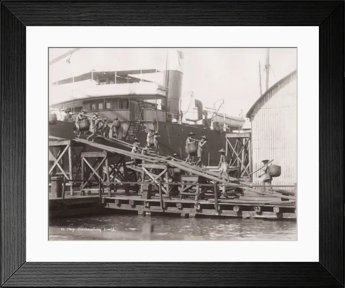 Framed Print : Vintage 19th century photograph: Ship discharging coal, porters, labourers, Singapore Framed Print : Vintage 19th century photograph: Ship discharging coal, porters, labourers, Singapore