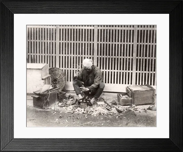 Framed Print : c. 1880s Japan - carpenter with tools at work Framed Print : c. 1880s Japan - carpenter with tools at work
