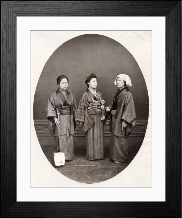 Framed Print : c. 1880s Japan - geishas, flowers and a shamisen Framed Print : c. 1880s Japan - geishas, flowers and a shamisen