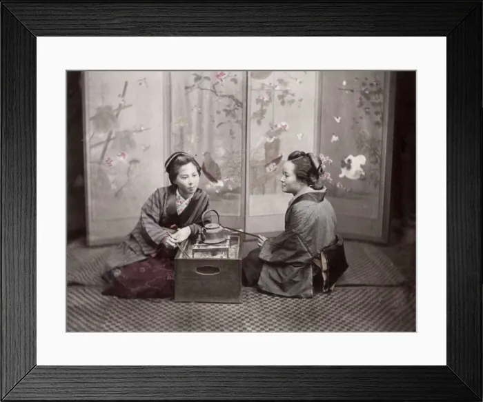 Framed Print : c. 1880s Japan - geishas with a kettle and stove Framed Print : c. 1880s Japan - geishas with a kettle and stove