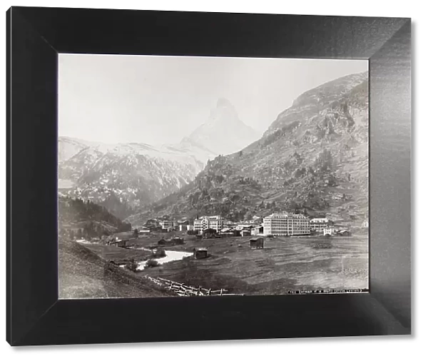 Vintage late 19th century photograph - village of Zermatt and Mont Cervin Palace Hotel
