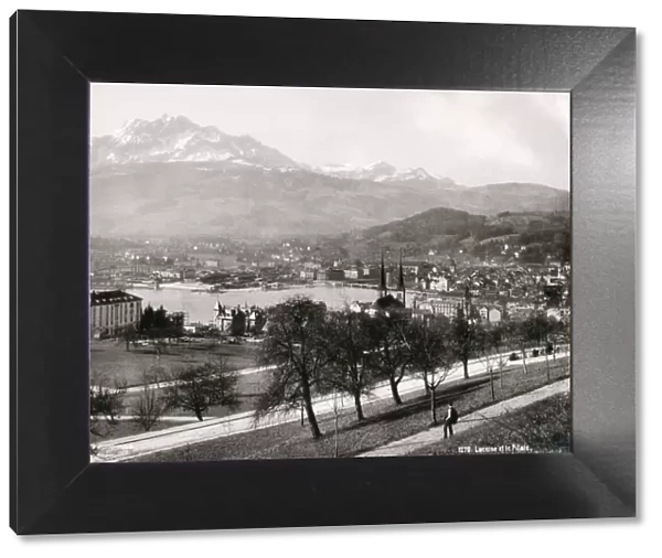 Vintage 19th century photograph - town and lake of Lucerne and Mount Pilatus