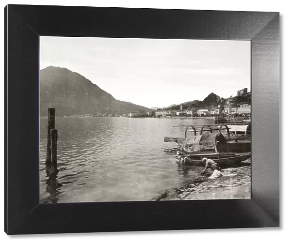 Vintage 19th century photograph - view of the shore of Lugano town and the lake