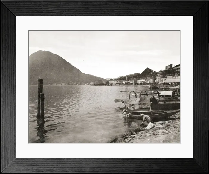Framed Print : Vintage 19th century photograph - view of the shore of Lugano town and the lake Framed Print : Vintage 19th century photograph - view of the shore of Lugano town and the lake
