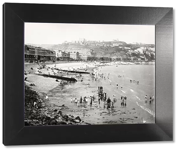 Vintage 19th century photograph - bathers and tourists on the beach at Dover, England