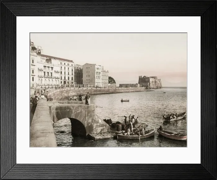 Framed Print : Vintage 19th century photograph: street and waterfront with boats, Naples, Napoli, Italy Framed Print : Vintage 19th century photograph: street and waterfront with boats, Naples, Napoli, Italy