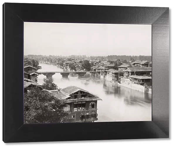 Vintage 19th century photograph: wooden bridge over the River Jhelum, Srinagar