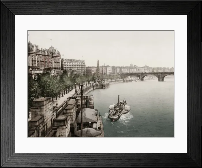 Framed Print : Vintage 19th century photograph: boat along the River Thames Embankment, London Framed Print : Vintage 19th century photograph: boat along the River Thames Embankment, London