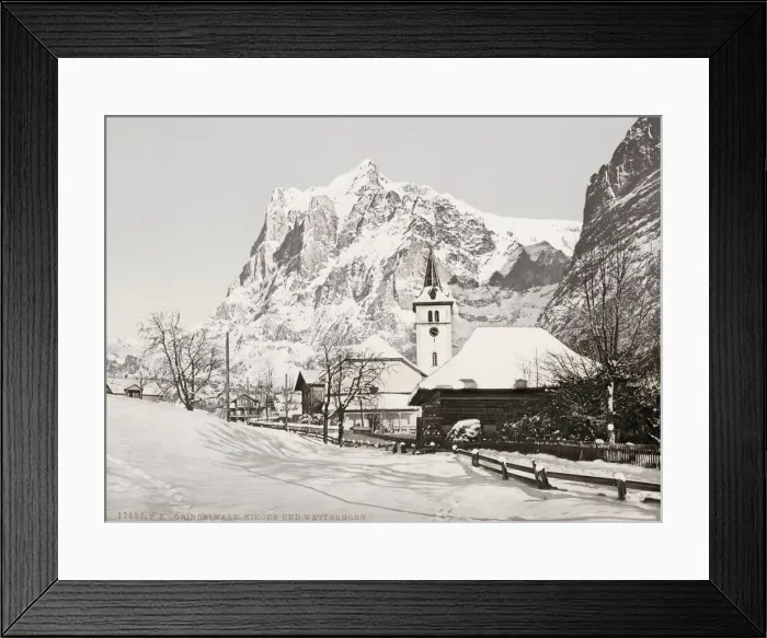 Framed Print : Vintage 19th century photograph: church Grindelwald, Wetterhorn mountain, in the snow Framed Print : Vintage 19th century photograph: church Grindelwald, Wetterhorn mountain, in the snow