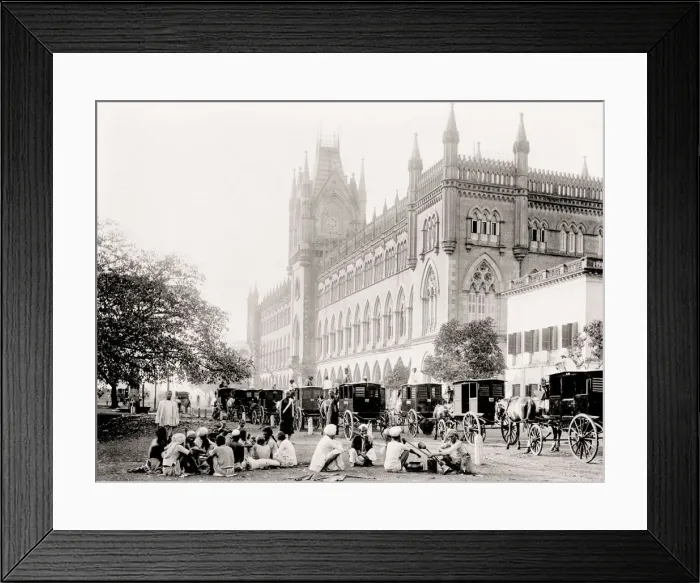 Framed Print : Vintage 19th century photograph: street scene India, people seated and hackney carriages Framed Print : Vintage 19th century photograph: street scene India, people seated and hackney carriages