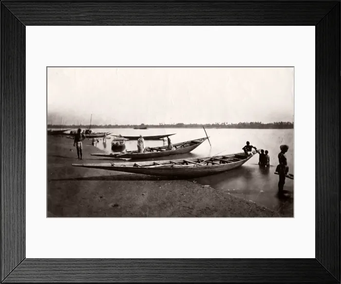 Framed Print : Fishing boats, canoes, river bank, India, c. 1880 s Framed Print : Fishing boats, canoes, river bank, India, c. 1880 s