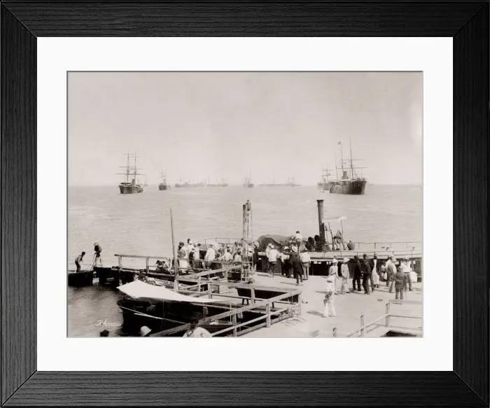 Framed Print : Vintage 19th century photograph: pier at Ismailia, steam launch and ships in the harbour Framed Print : Vintage 19th century photograph: pier at Ismailia, steam launch and ships in the harbour